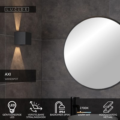 Lucide AXI - Wandspot / Wandlamp Badkamer - LED - 2x7W 2700K - IP54 - Verstelbare stralingshoek - Zwart